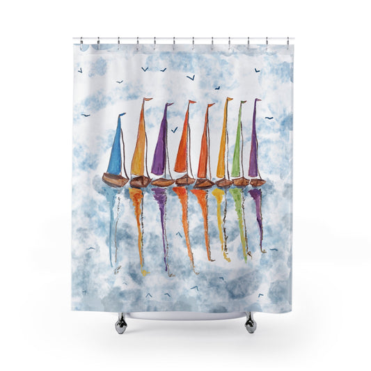 Colorful Sailboat Shower Curtain - Nautical Decor for Beach Lovers - Blue Cava