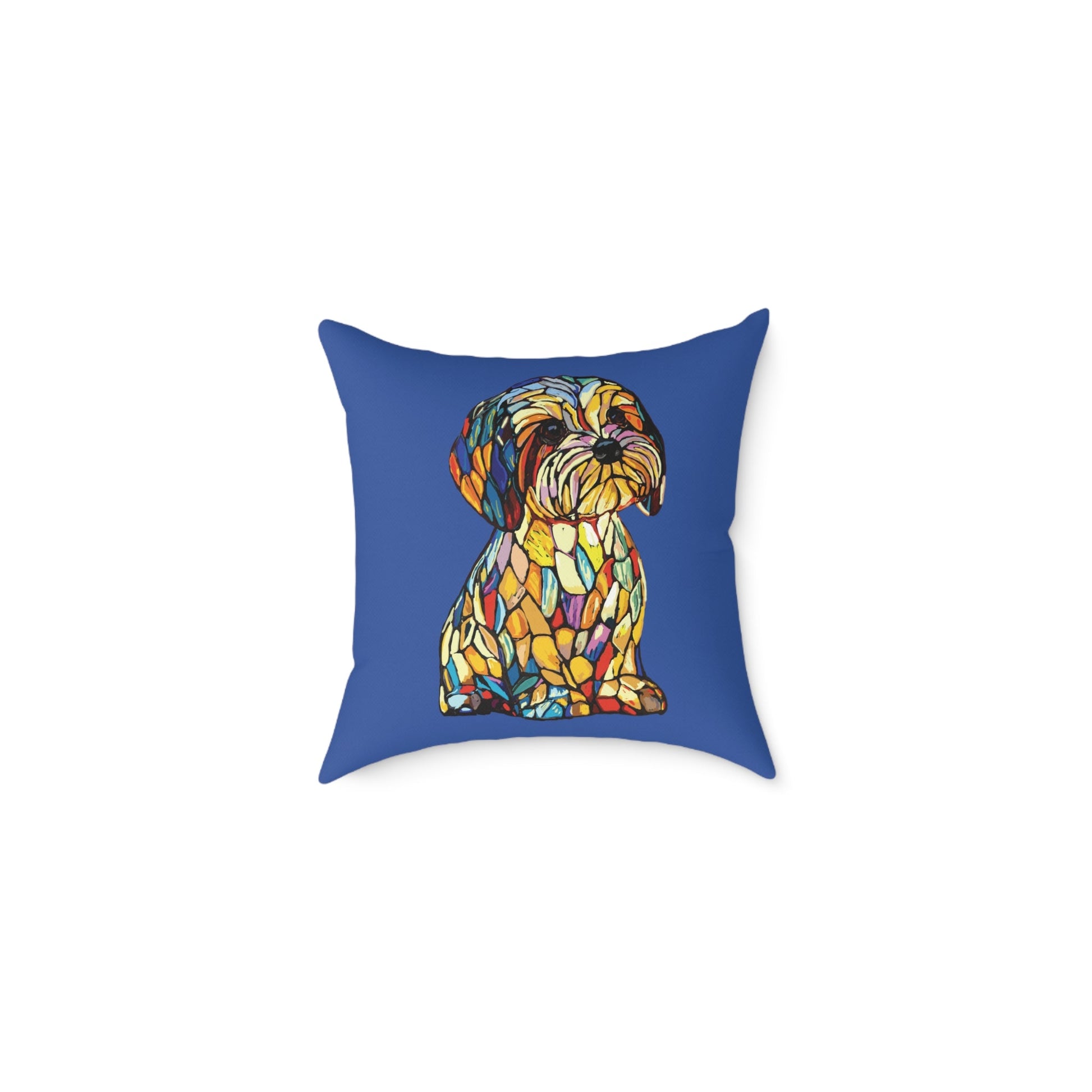 Colorful Stained Glass Dog Art Pillow, Pet Themed Home Decor - Blue Cava