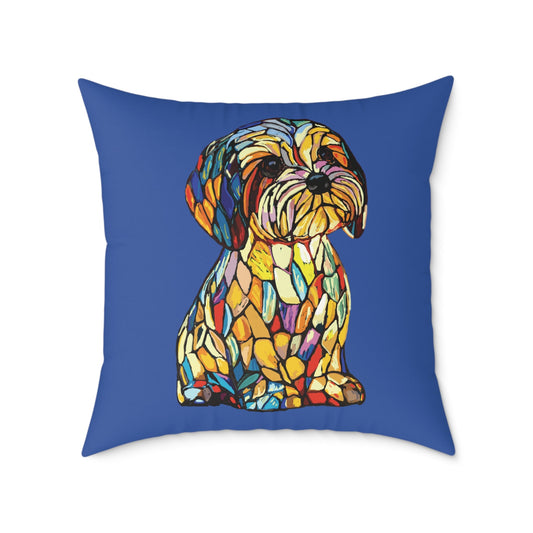 Colorful Stained Glass Dog Art Pillow, Pet Themed Home Decor - Blue Cava