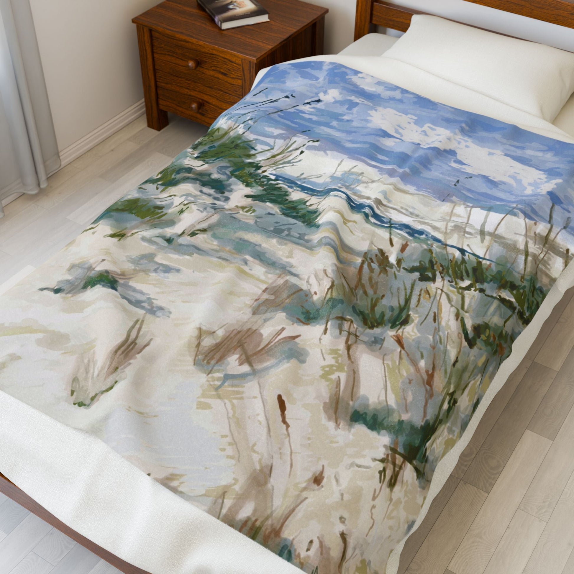 Cozy Beach Scene Velveteen Plush Blanket - Perfect for Relaxation & Gifts - Blue Cava