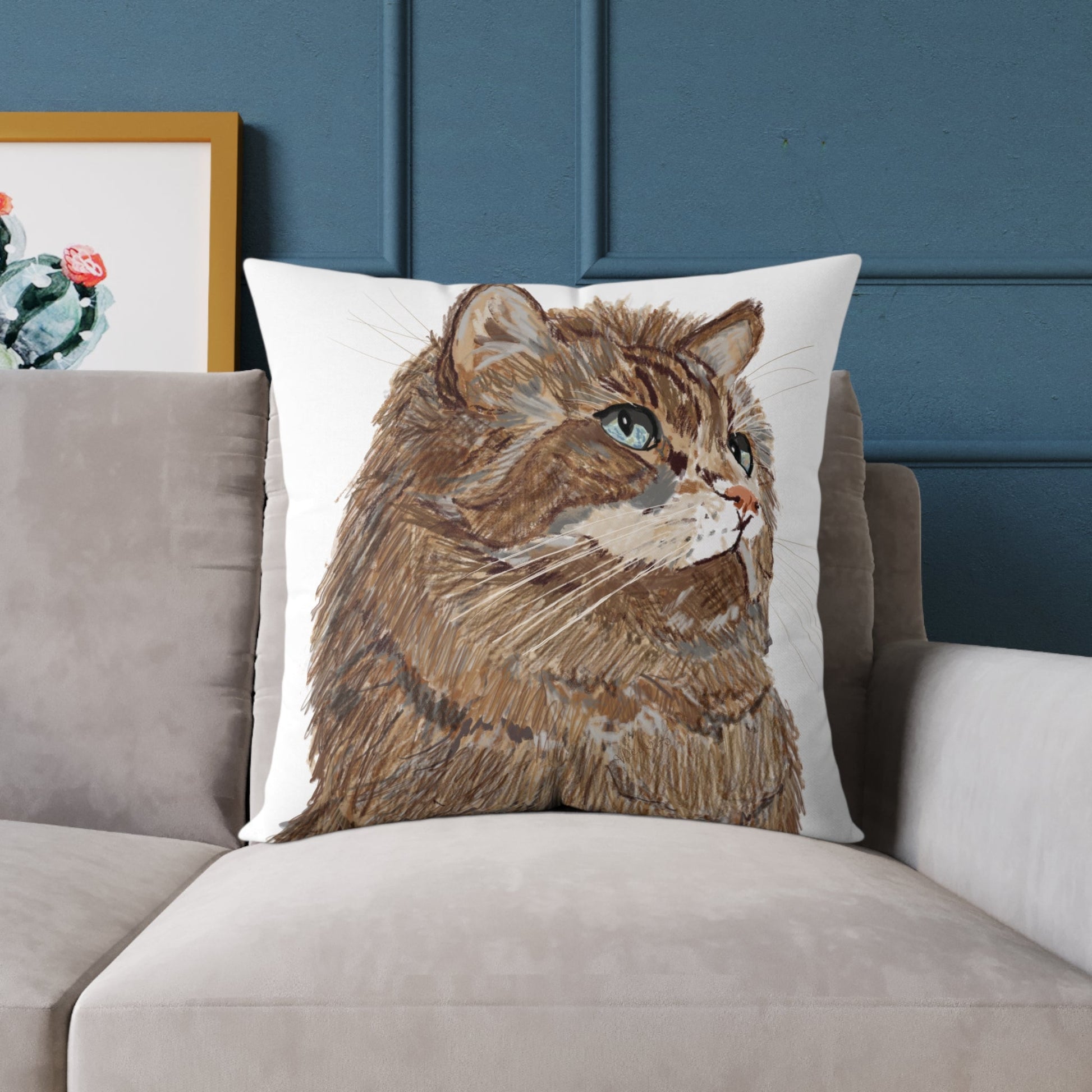 Cozy Cat Canvas Pillow - Stylish Square Accent for Cat Lovers - Blue Cava