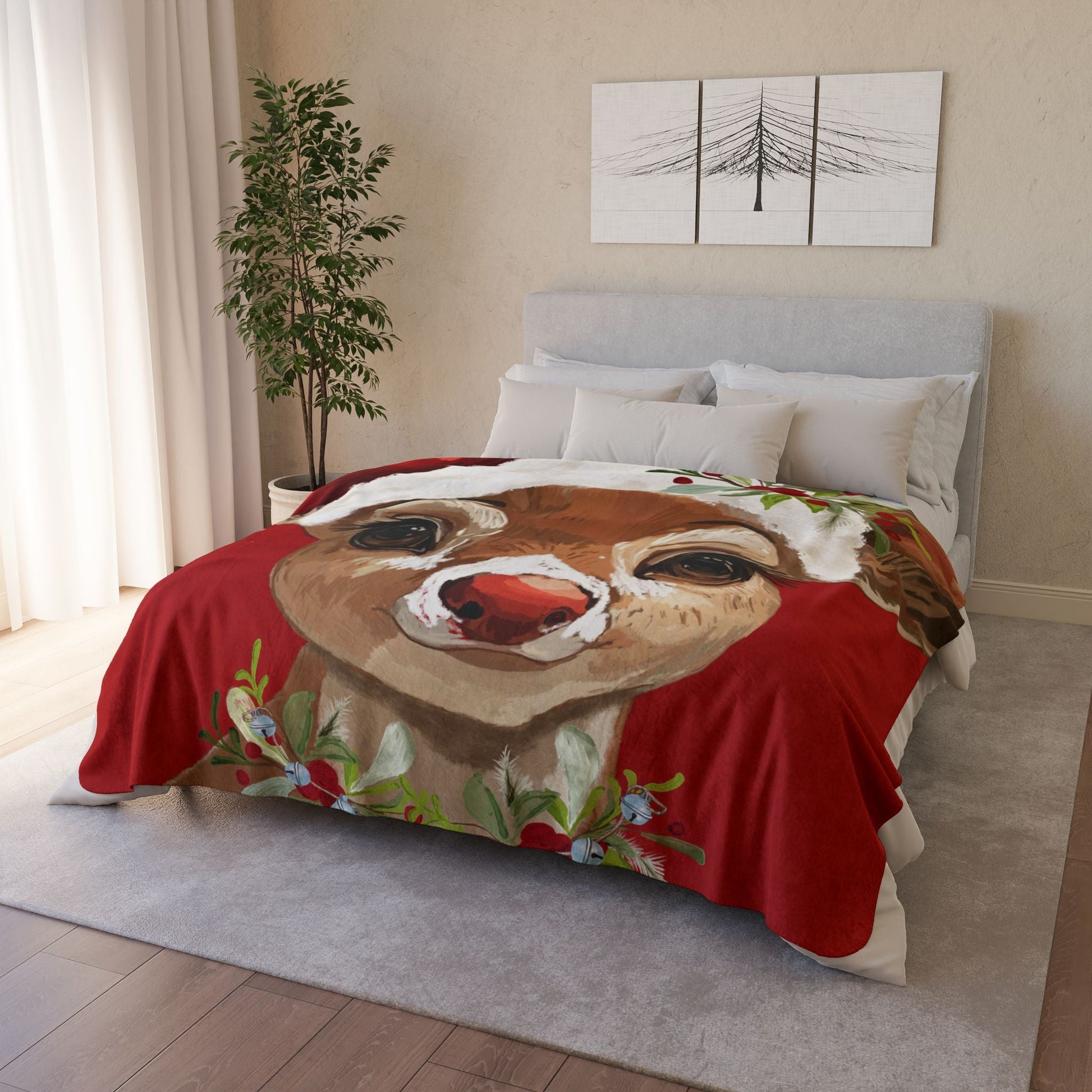 Cozy Christmas Reindeer Fleece Sherpa Blanket - Festive Holiday Decor - Blue Cava
