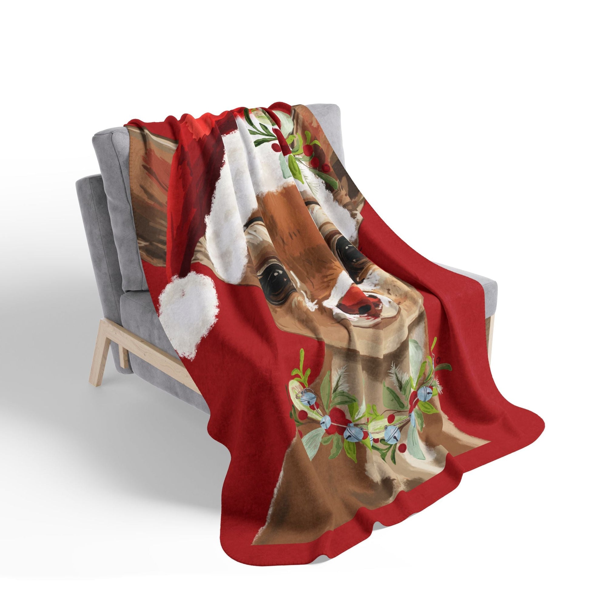 Cozy Christmas Reindeer Fleece Sherpa Blanket - Festive Holiday Decor - Blue Cava