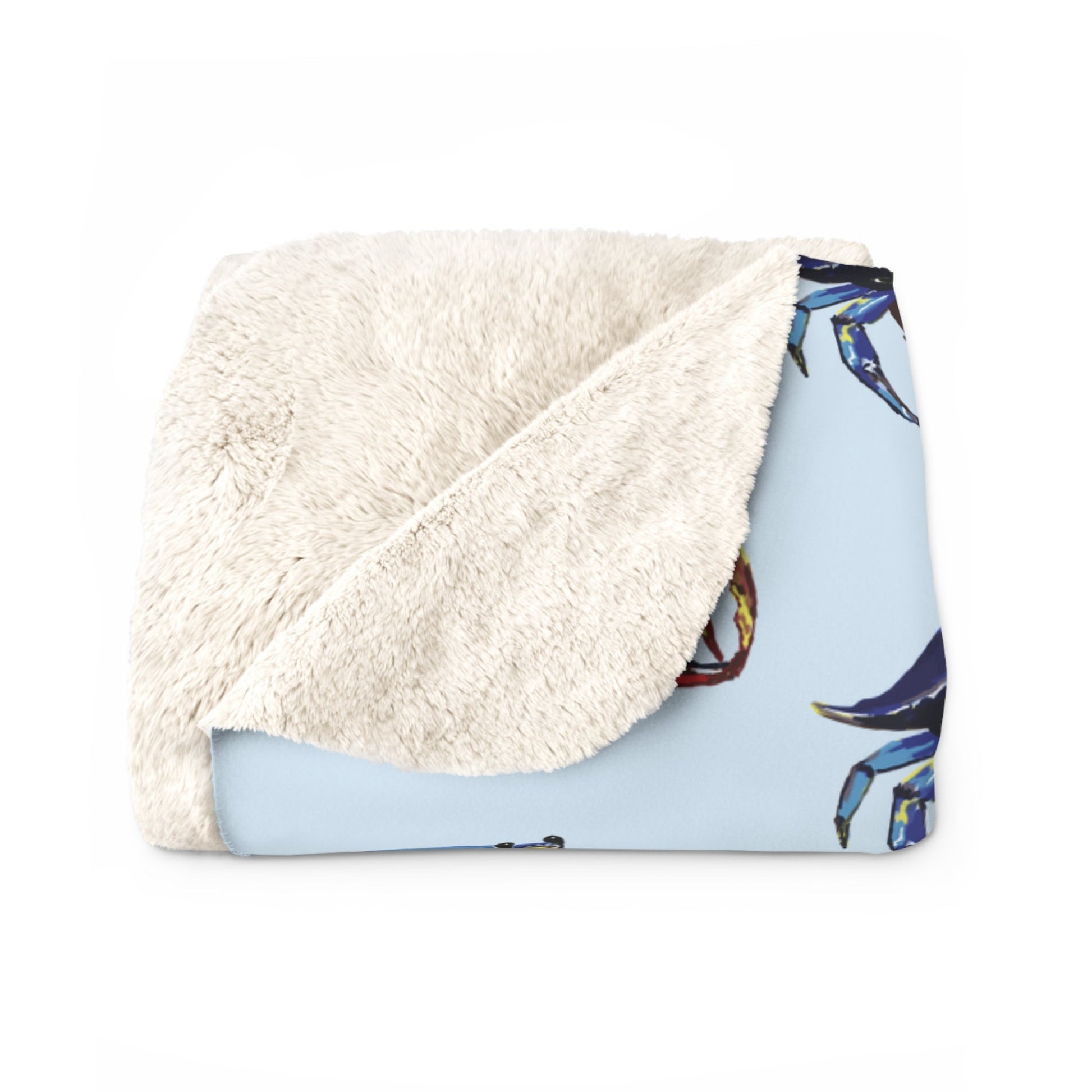 Cozy Coastal Crab Sherpa Fleece Blanket, Nautical Decor, Soft Throw - Blue Cava