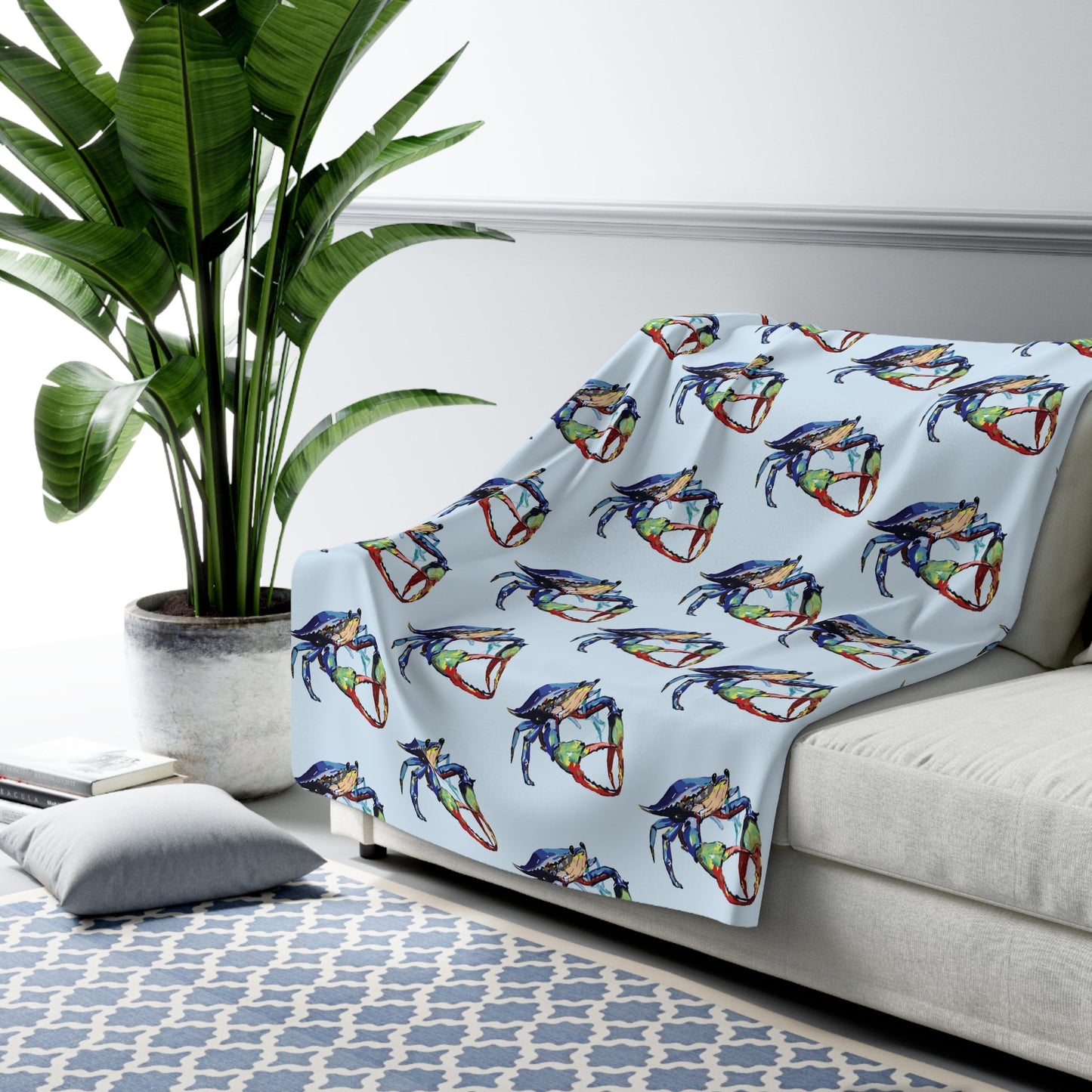 Cozy Coastal Crab Sherpa Fleece Blanket, Nautical Decor, Soft Throw - Blue Cava
