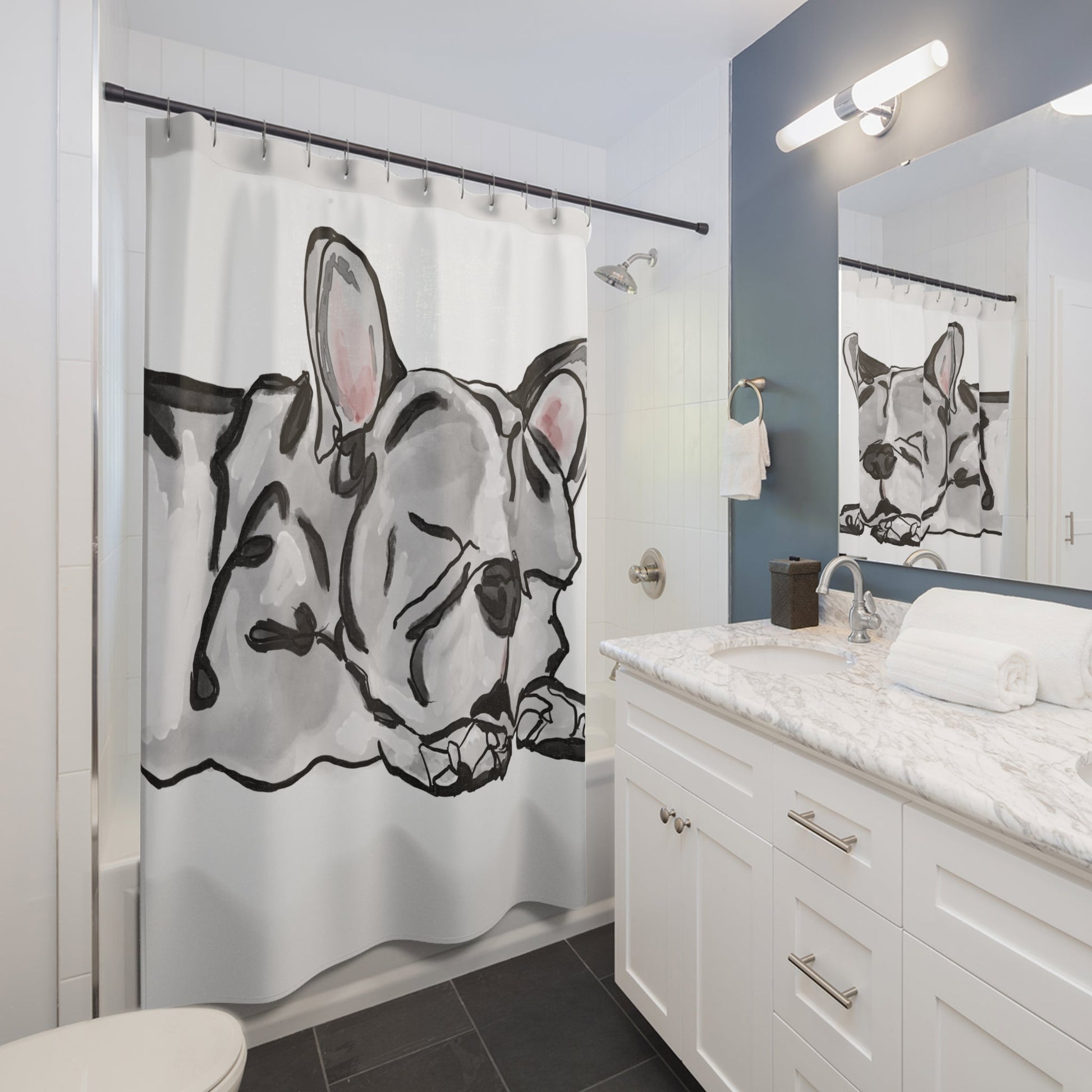 Cozy French Bulldog Shower Curtain - Perfect for Pet Lovers - Blue Cava