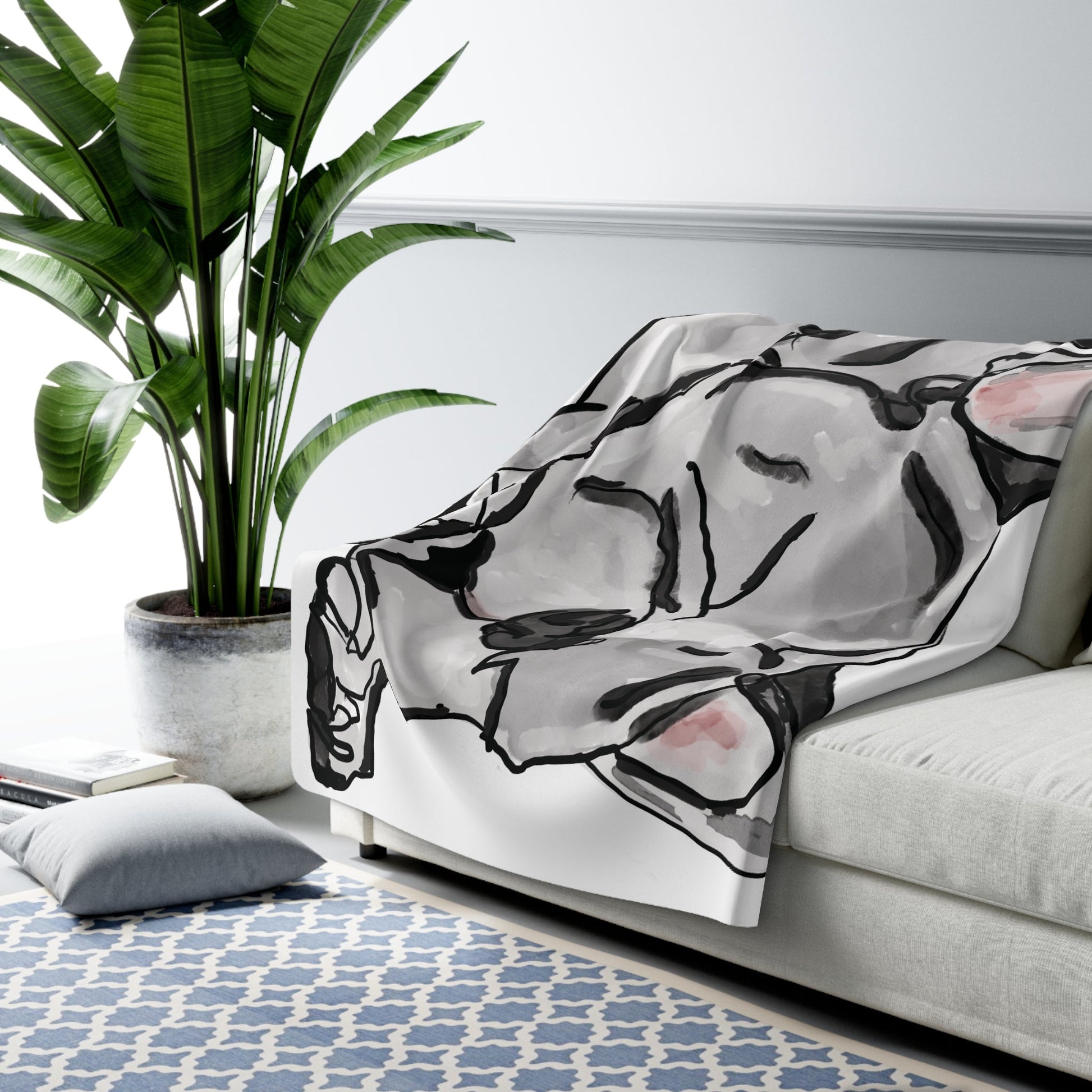 Cozy French Bulldog Sleeping Dog Portrait Sherpa Fleece Blanket - Blue Cava