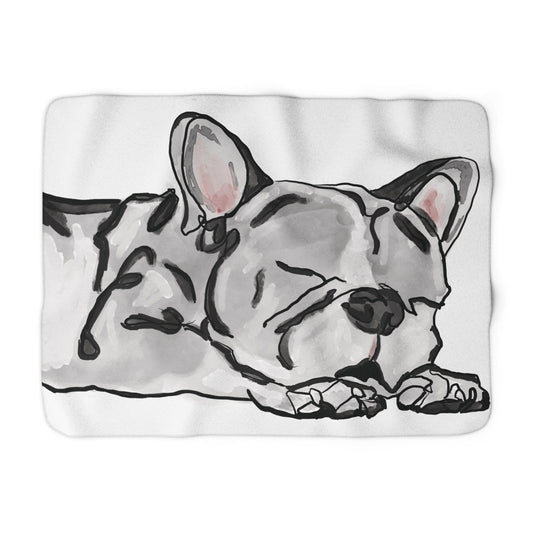 Cozy French Bulldog Sleeping Dog Portrait Sherpa Fleece Blanket - Blue Cava