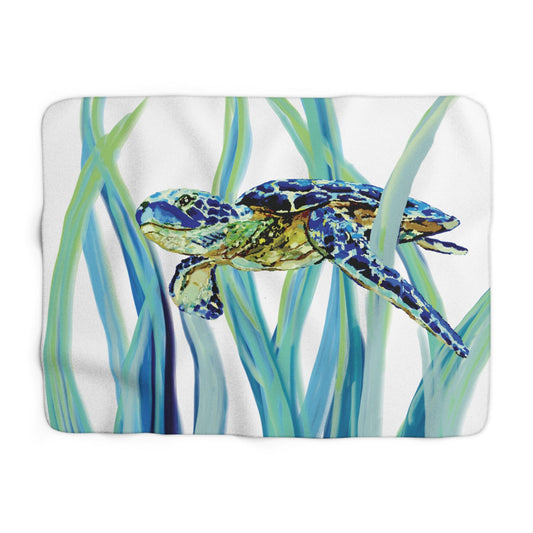 Cozy Sherpa Fleece Blanket with Colorful Tortoise Design - Blue Cava