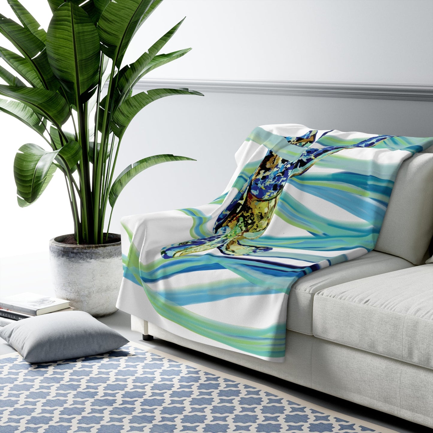 Cozy Sherpa Fleece Blanket with Colorful Tortoise Design - Blue Cava