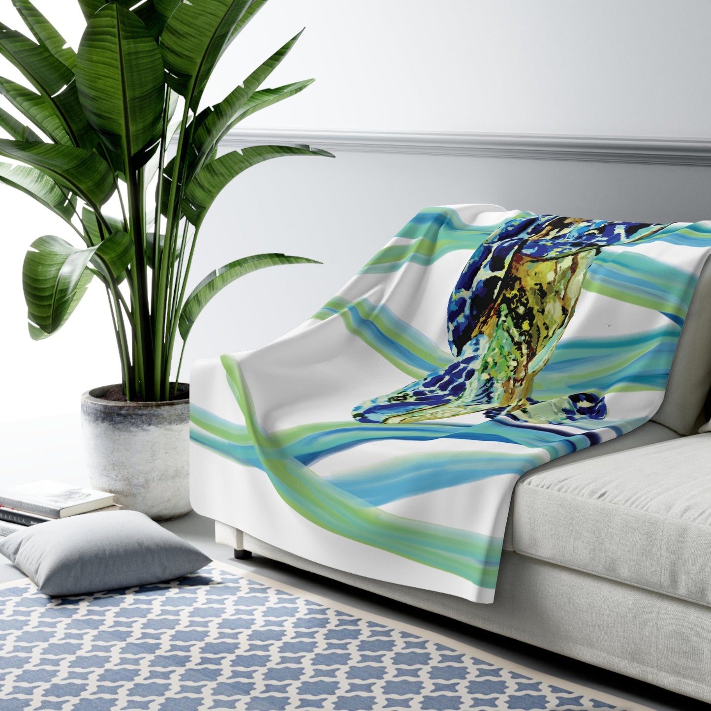 Cozy Sherpa Fleece Blanket with Colorful Tortoise Design - Blue Cava