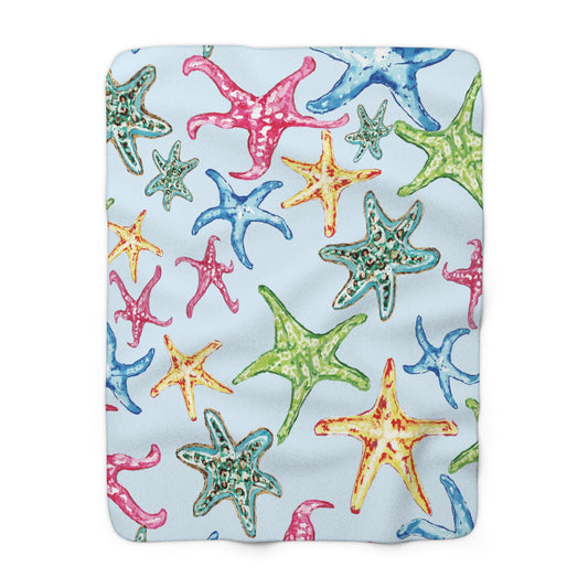 Cozy Starfish Sherpa Fleece Blanket, Beach Decor Gift, Summer Vibes Throw, Nautical Home Accent - Blue Cava
