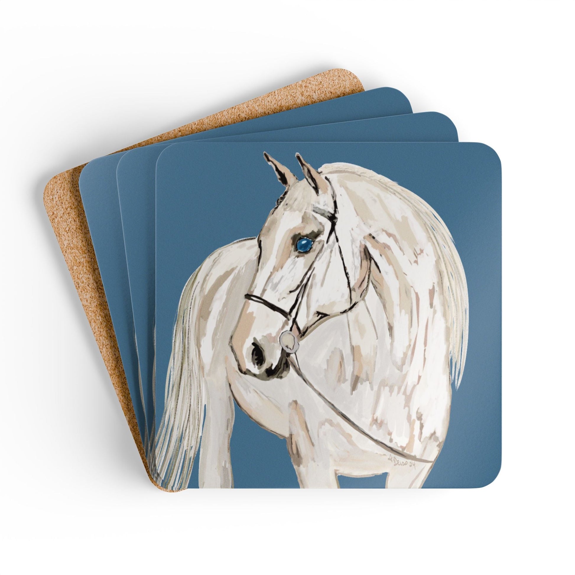Equine Art Corkwood Coaster Set - Elegant Horse Design for Home Decor - Blue Cava