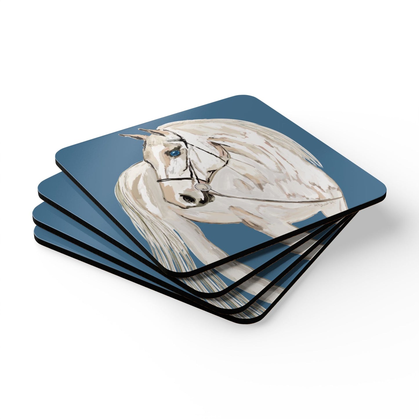Equine Art Corkwood Coaster Set - Elegant Horse Design for Home Decor - Blue Cava