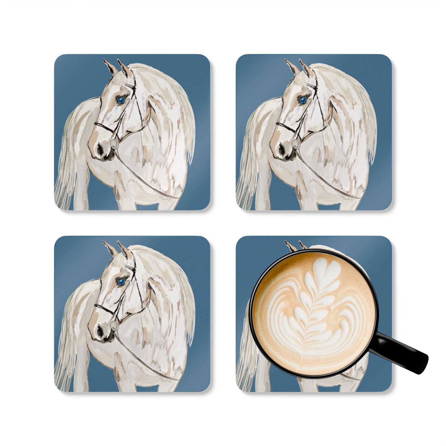 Equine Art Corkwood Coaster Set - Elegant Horse Design for Home Decor - Blue Cava