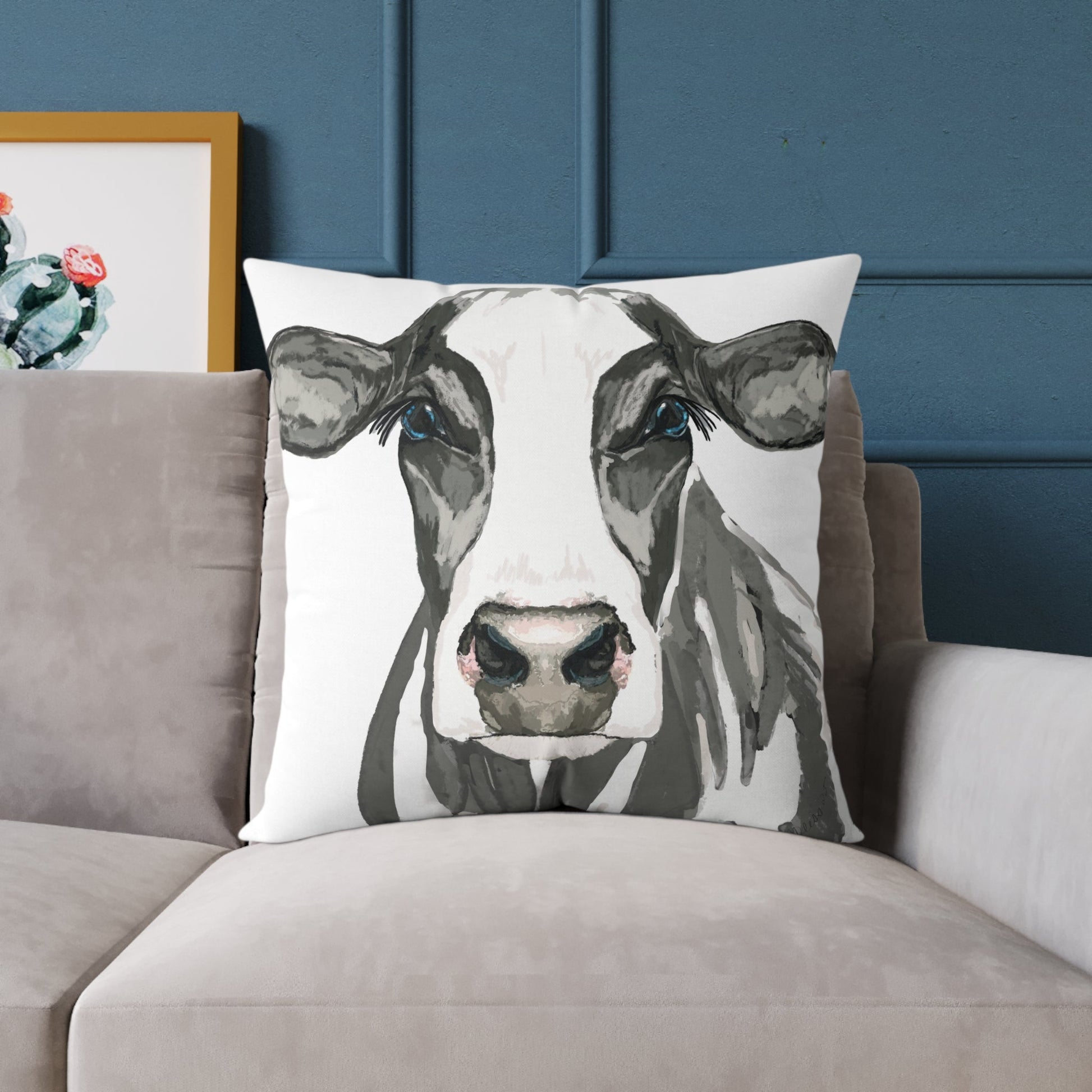 Farmhouse Cow Square Poly Canvas Pillows - Blue Cava