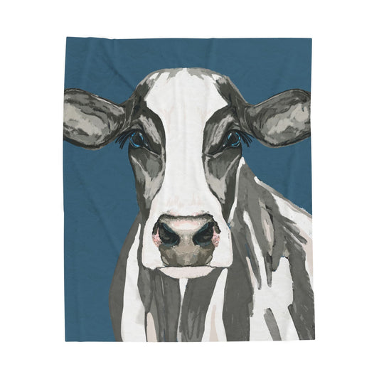 Farmhouse Cow Velveteen Plush Blanket - Home Decor & Gift Giving - Blue Cava