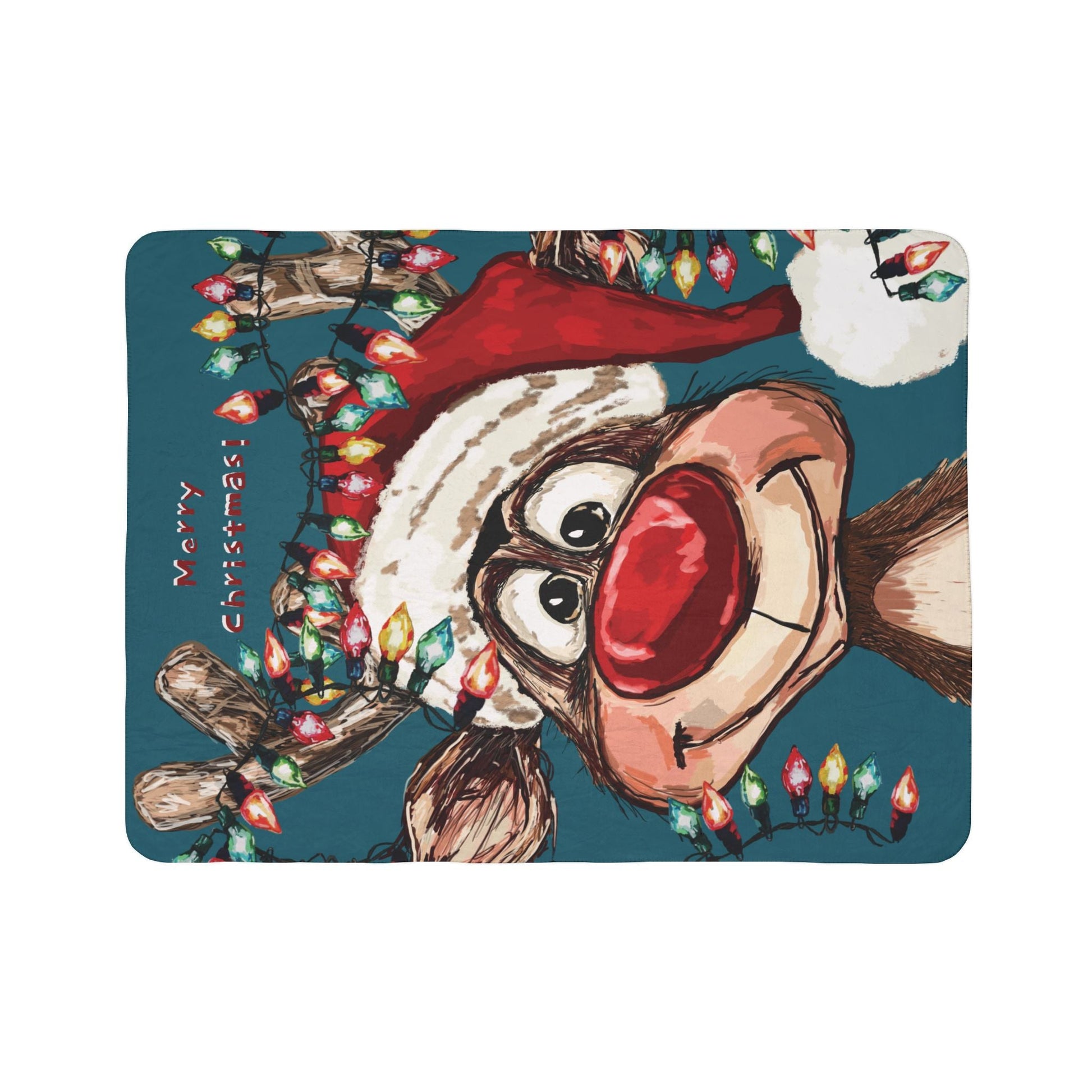 Festive Christmas Reindeer Fleece Sherpa Blanket - Blue Cava