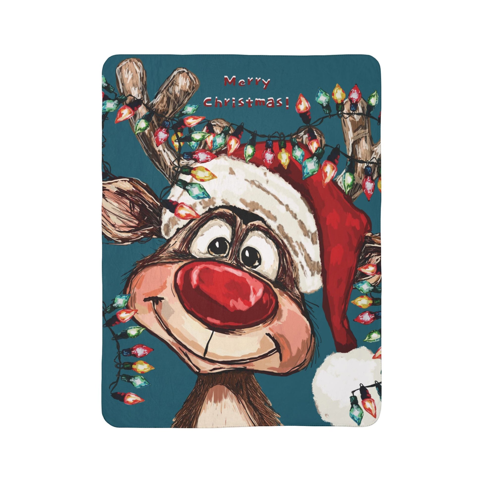 Festive Christmas Reindeer Fleece Sherpa Blanket - Blue Cava