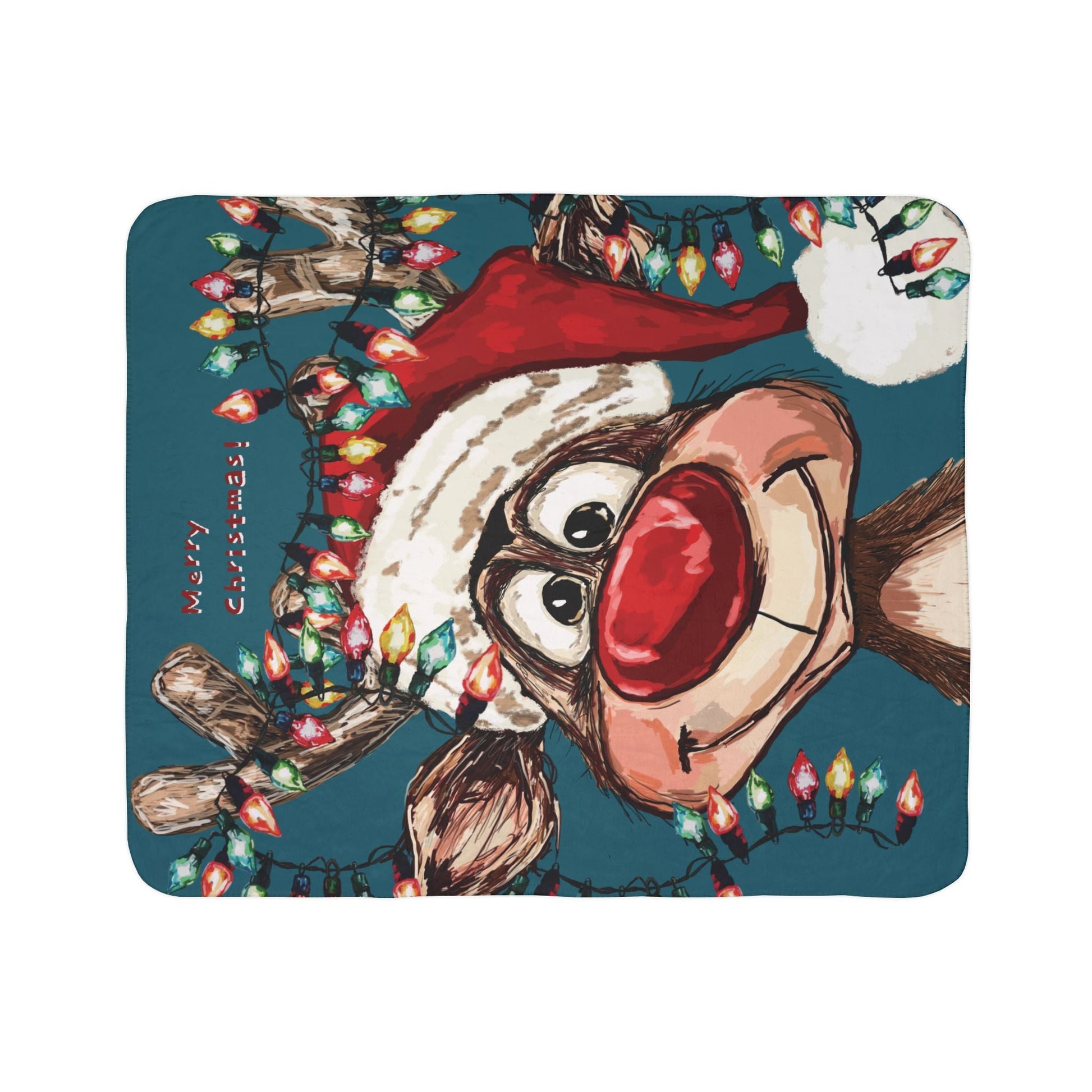 Festive Christmas Reindeer Fleece Sherpa Blanket - Blue Cava
