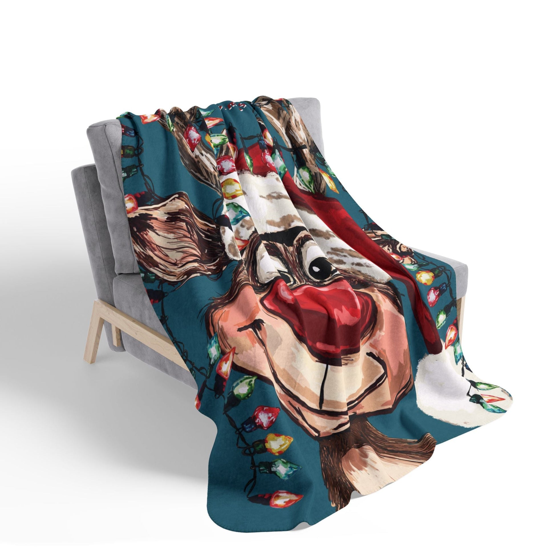Festive Christmas Reindeer Fleece Sherpa Blanket - Blue Cava