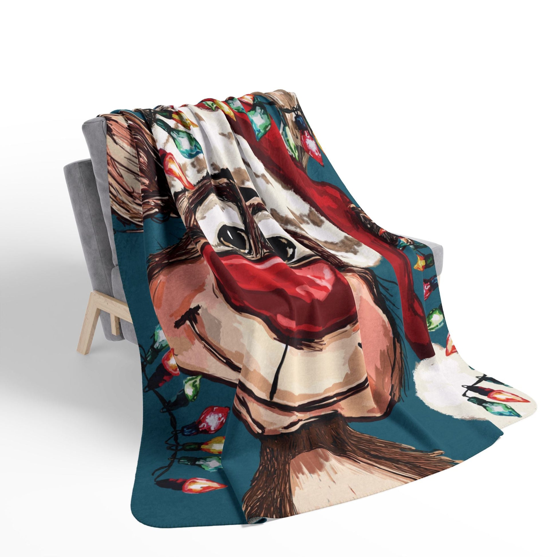 Festive Christmas Reindeer Fleece Sherpa Blanket - Blue Cava