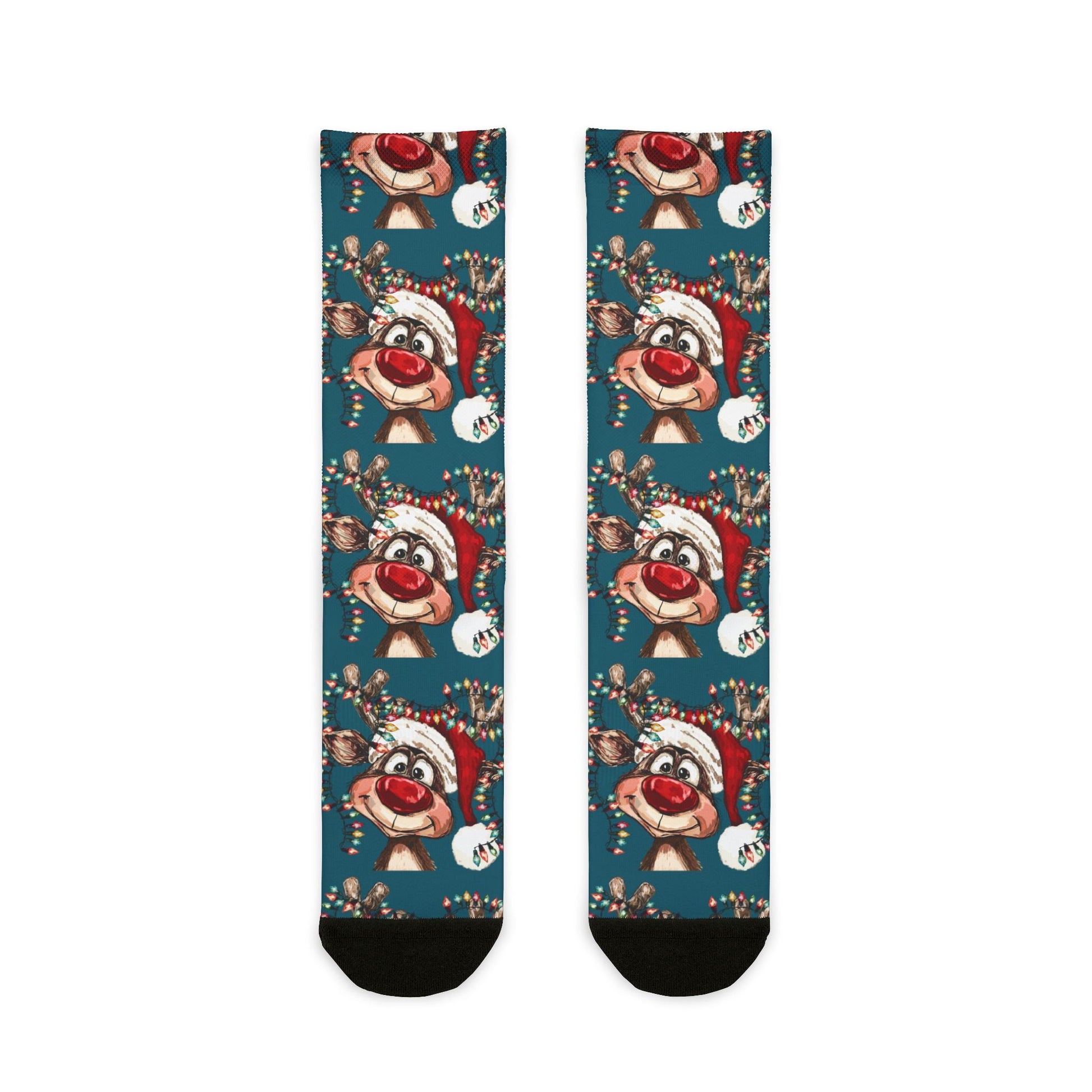 Festive Reindeer Holiday Crew Socks, Unique Stocking Stuffer - Blue Cava