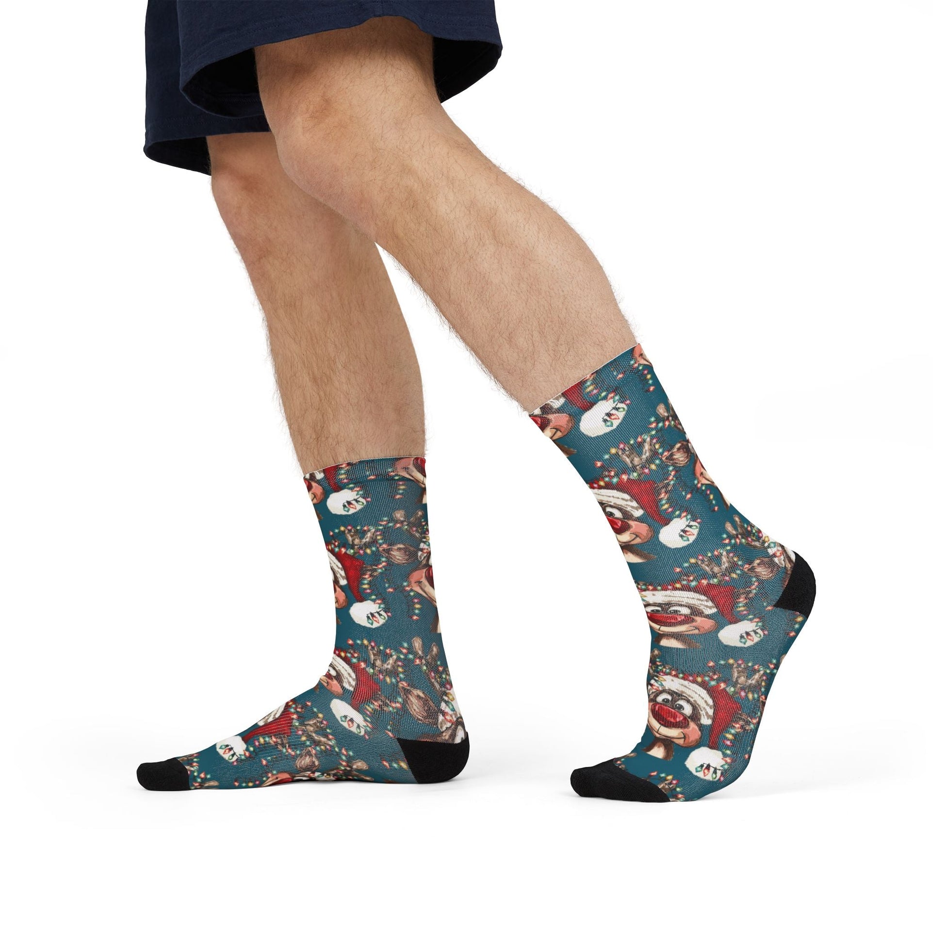 Festive Reindeer Holiday Crew Socks, Unique Stocking Stuffer - Blue Cava