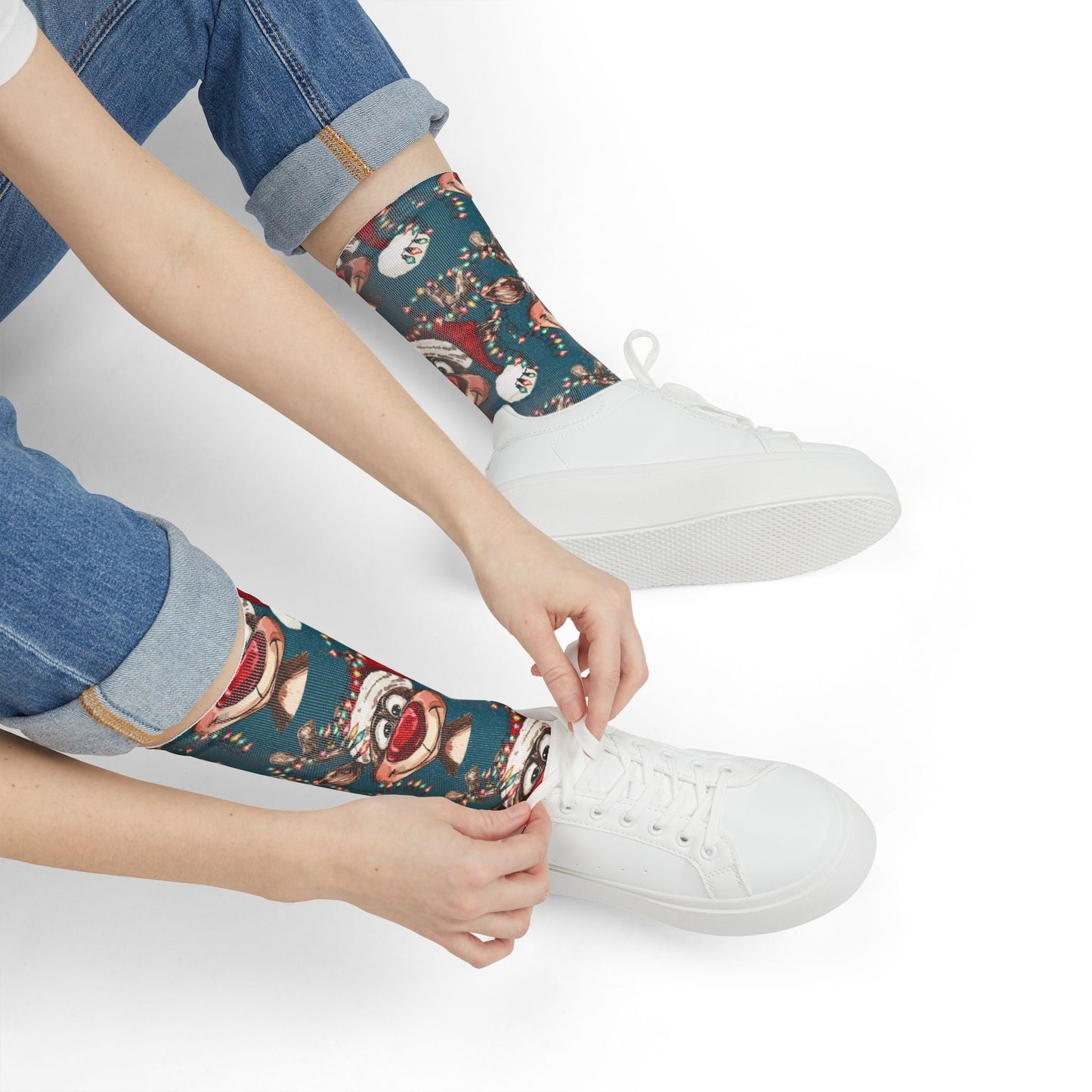 Festive Reindeer Holiday Crew Socks, Unique Stocking Stuffer - Blue Cava