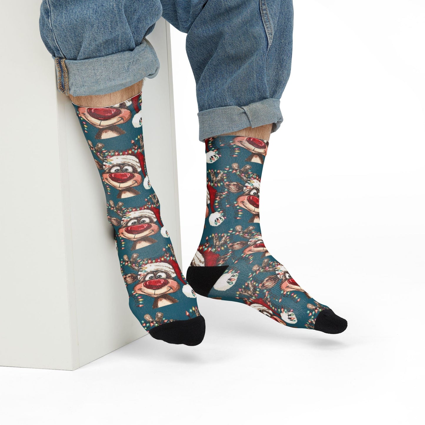 Festive Reindeer Holiday Crew Socks, Unique Stocking Stuffer - Blue Cava
