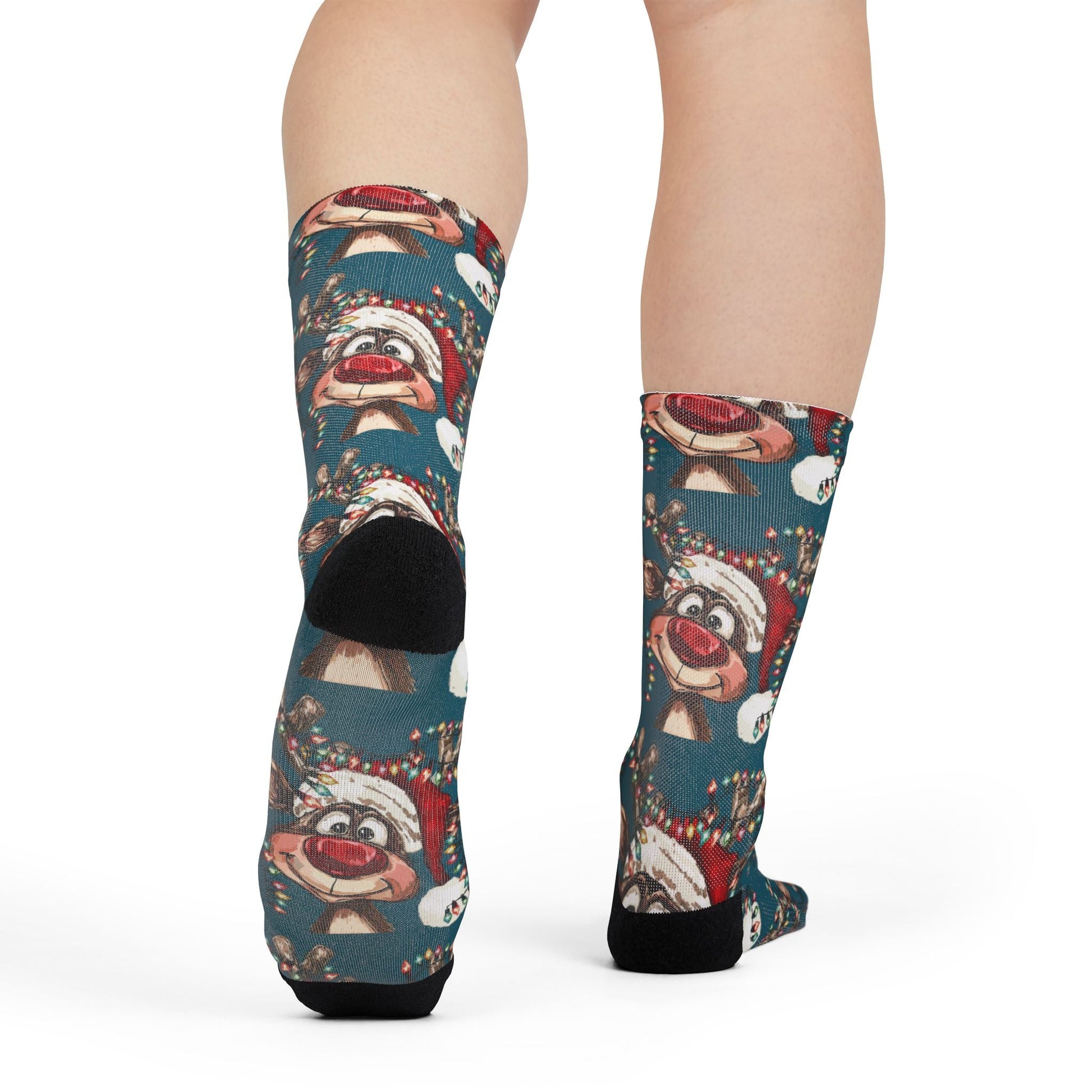 Festive Reindeer Holiday Crew Socks, Unique Stocking Stuffer - Blue Cava