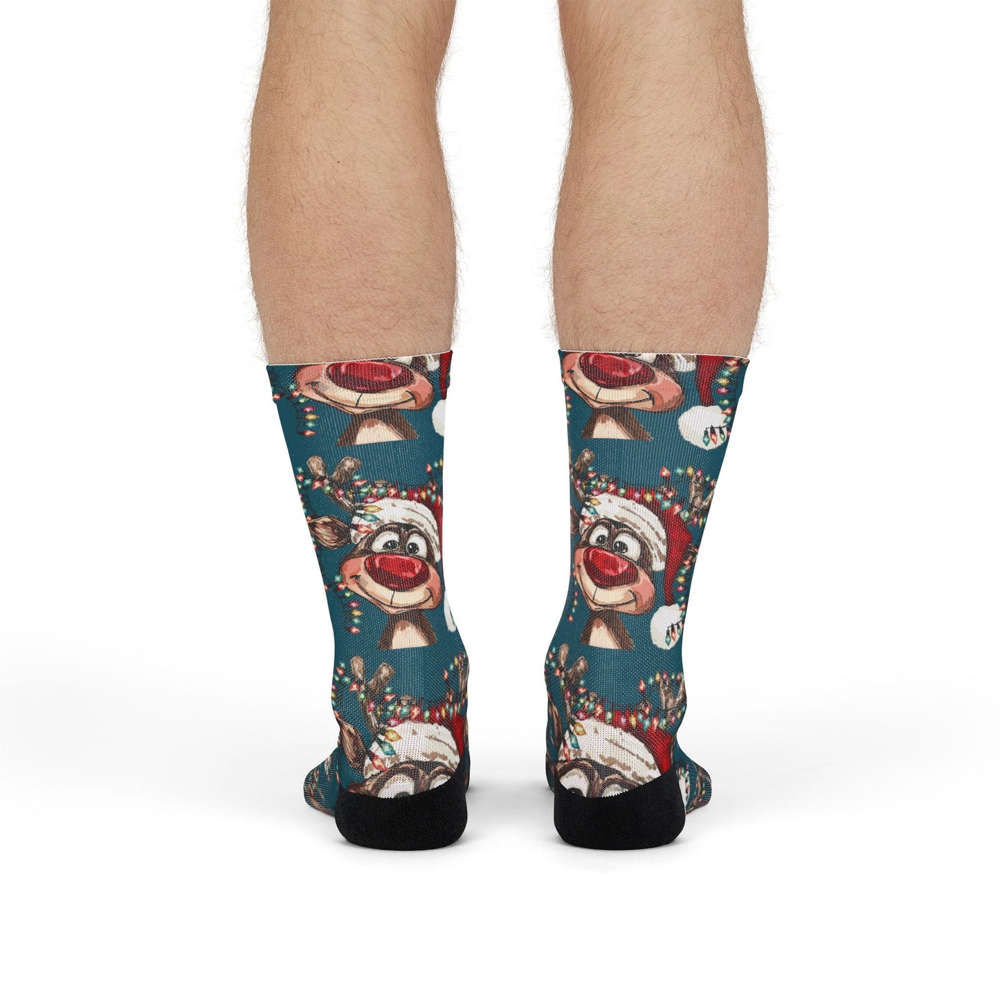 Festive Reindeer Holiday Crew Socks, Unique Stocking Stuffer - Blue Cava
