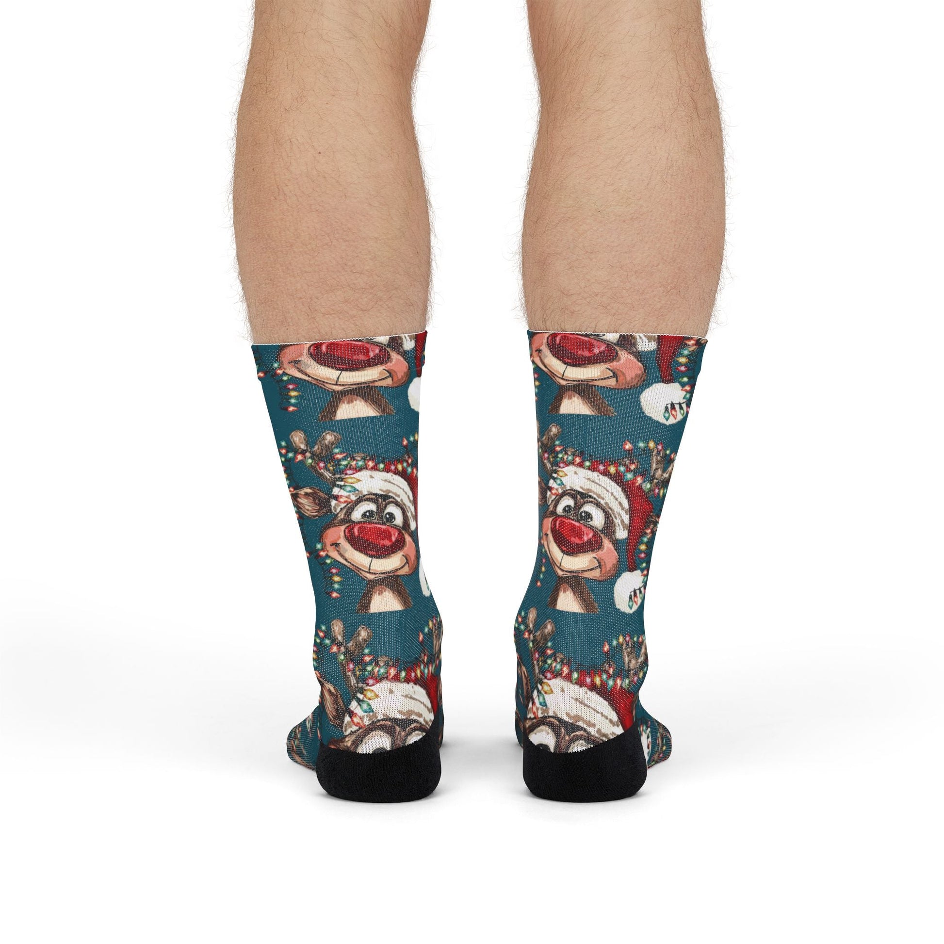 Festive Reindeer Holiday Crew Socks, Unique Stocking Stuffer - Blue Cava
