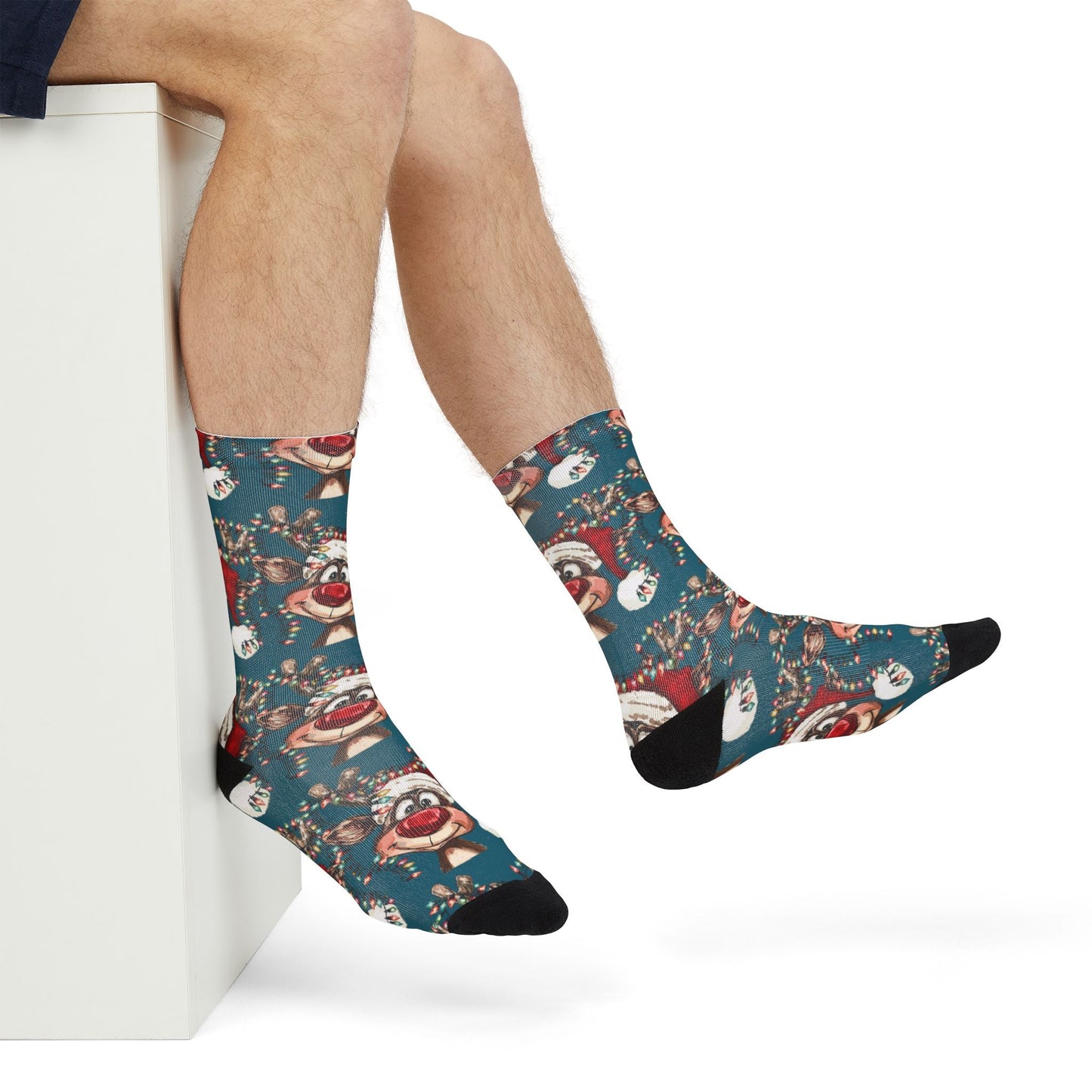 Festive Reindeer Holiday Crew Socks, Unique Stocking Stuffer - Blue Cava