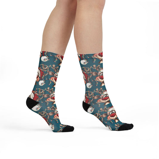 Festive Reindeer Holiday Crew Socks, Unique Stocking Stuffer - Blue Cava