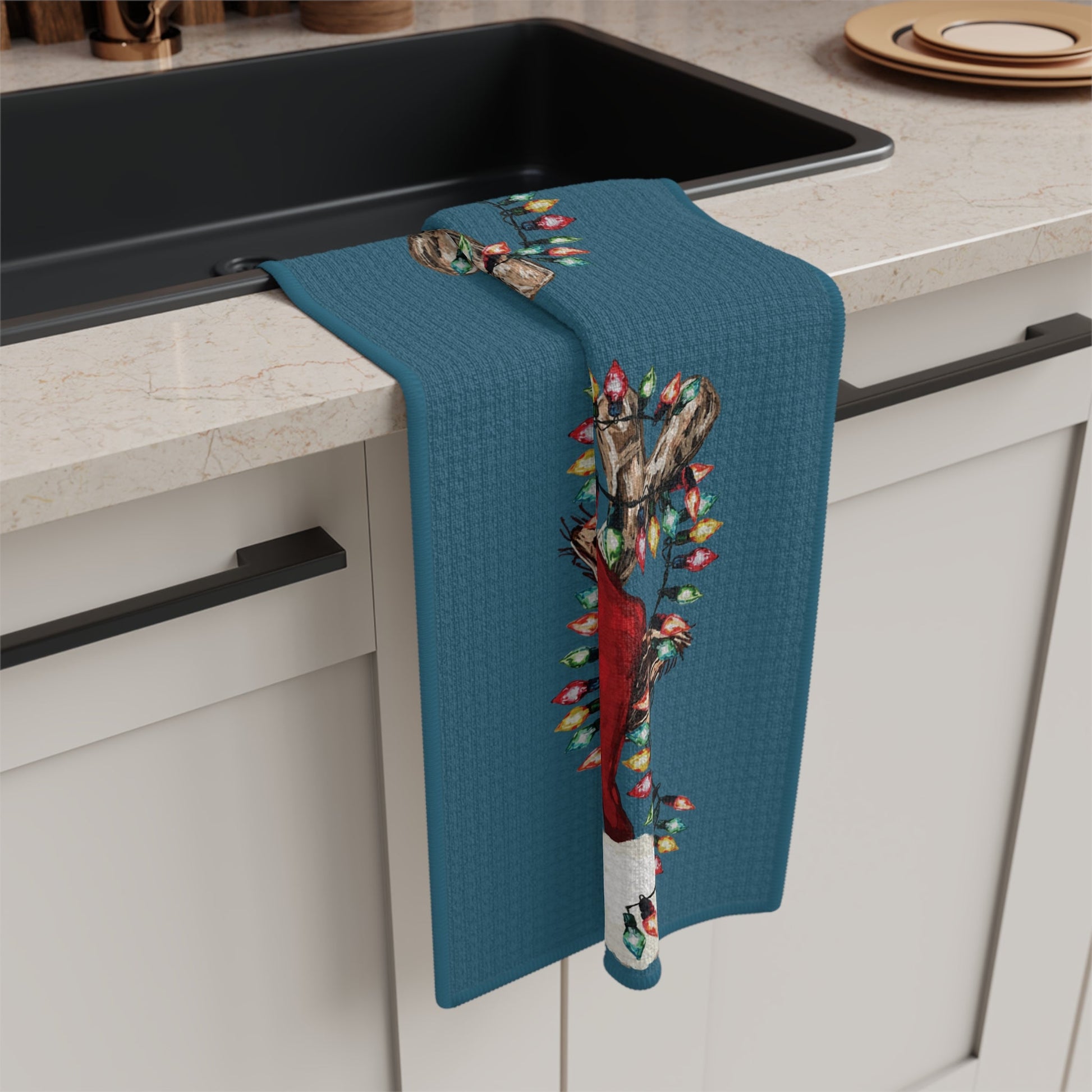 Festive Reindeer Microfiber Waffle Kitchen Towel - Blue Cava