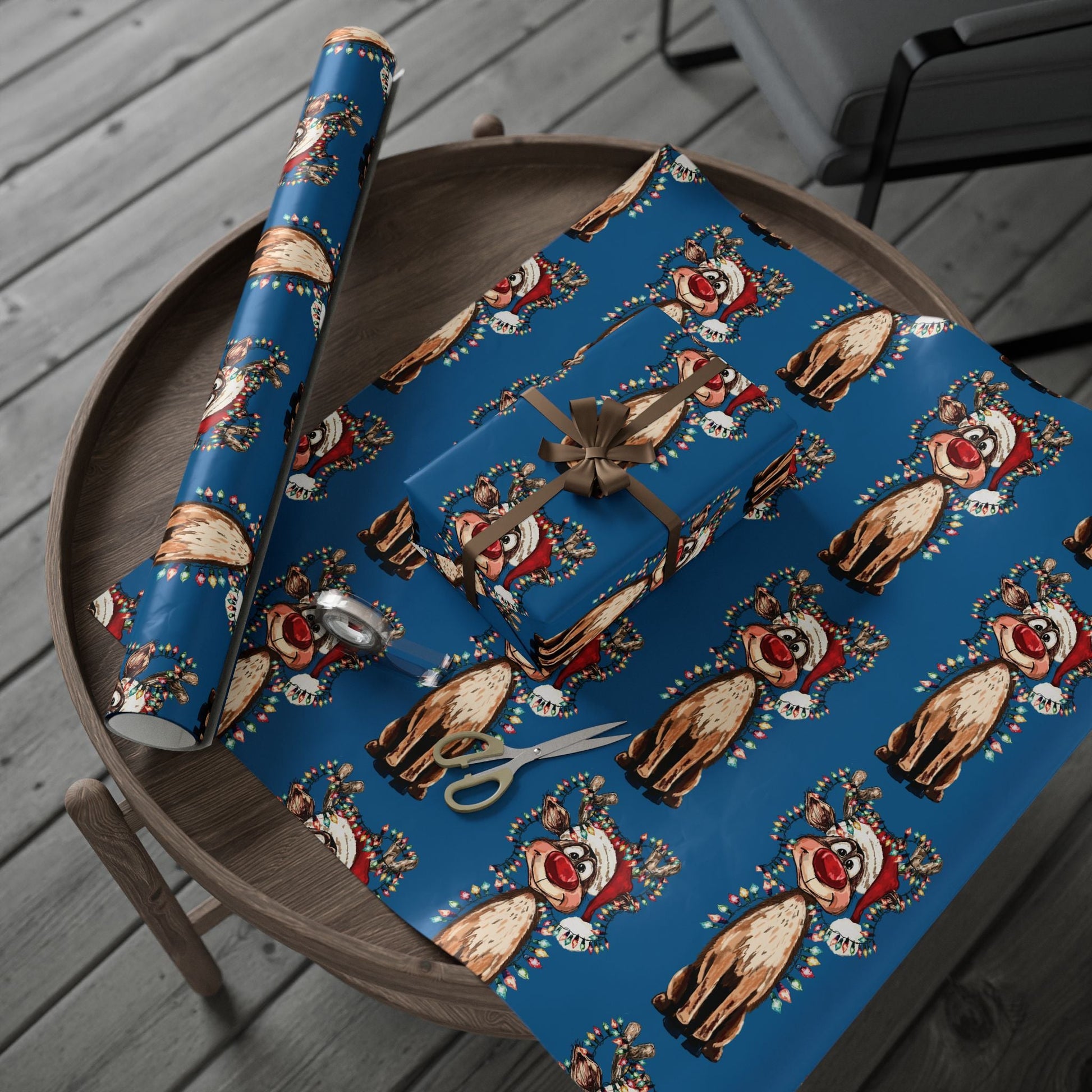 Festive Reindeer Wrapping Paper, Christmas Gift Wrap, Eco - Friendly - Blue Cava