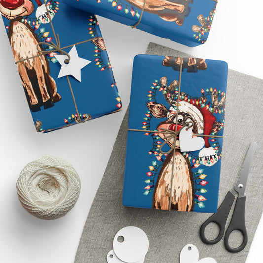 Festive Reindeer Wrapping Paper, Christmas Gift Wrap, Eco - Friendly - Blue Cava