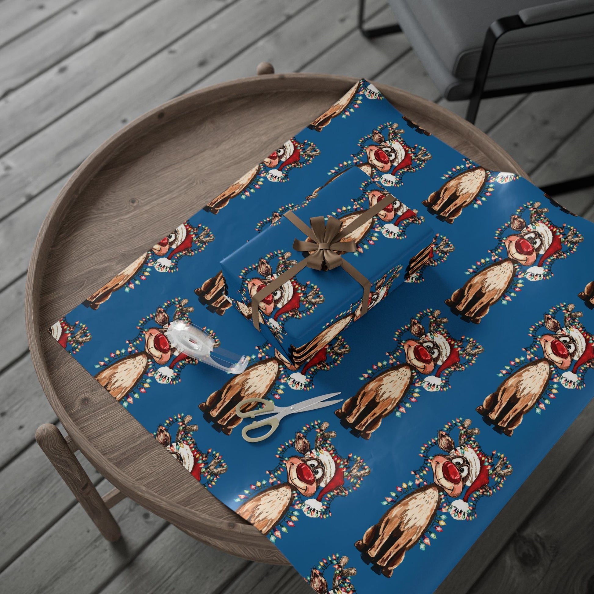 Festive Reindeer Wrapping Paper, Christmas Gift Wrap, Eco - Friendly - Blue Cava