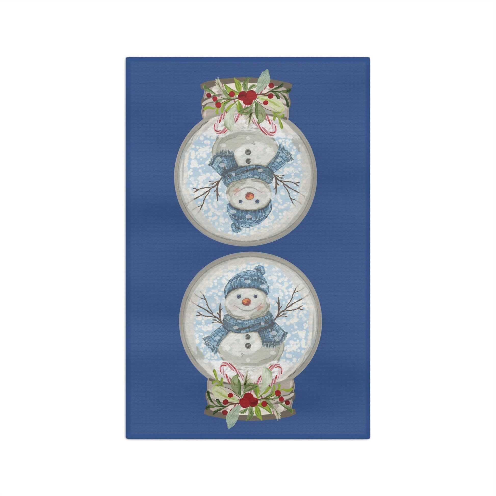 Festive Snowman Snow Globe Microfiber Waffle Towel, Holiday Kitchen Decor, Christmas Gift - Blue Cava