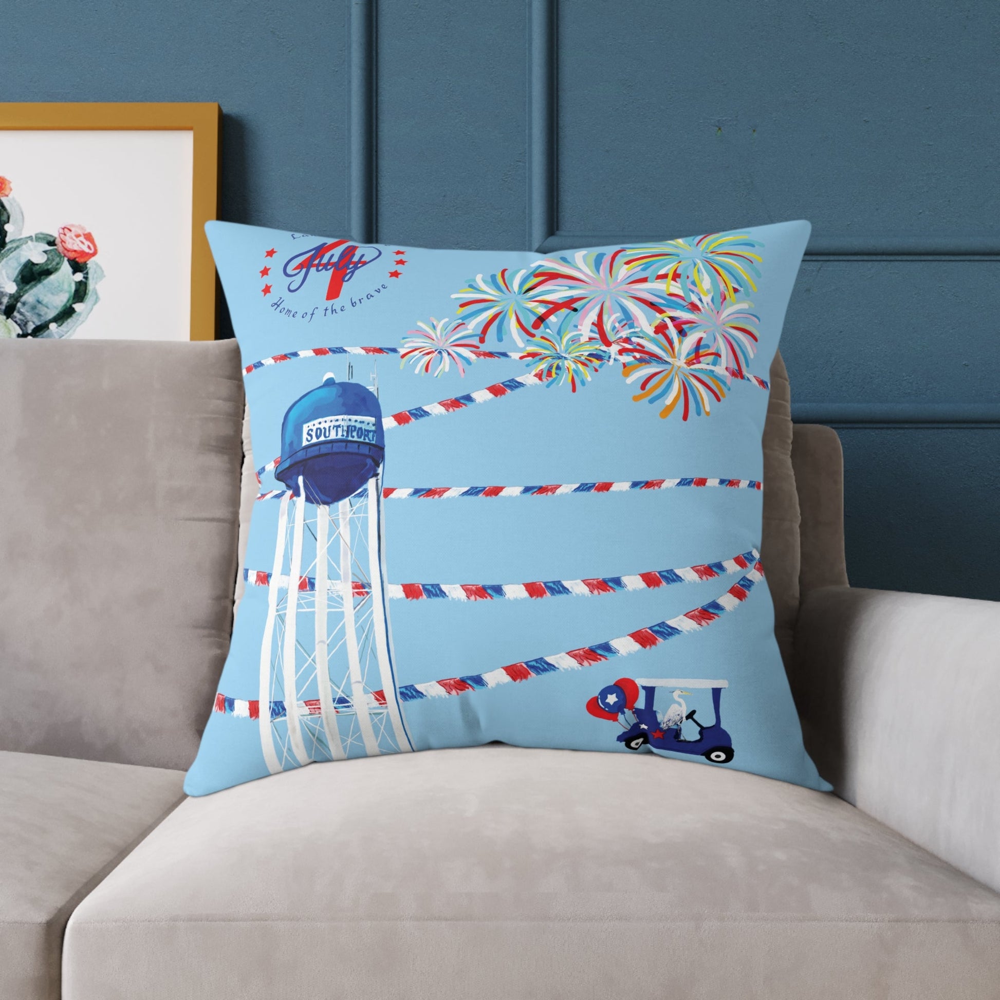 Festive Southport Celebration Poly Canvas Pillow - Water Tower & Fireworks Design - Blue Cava
