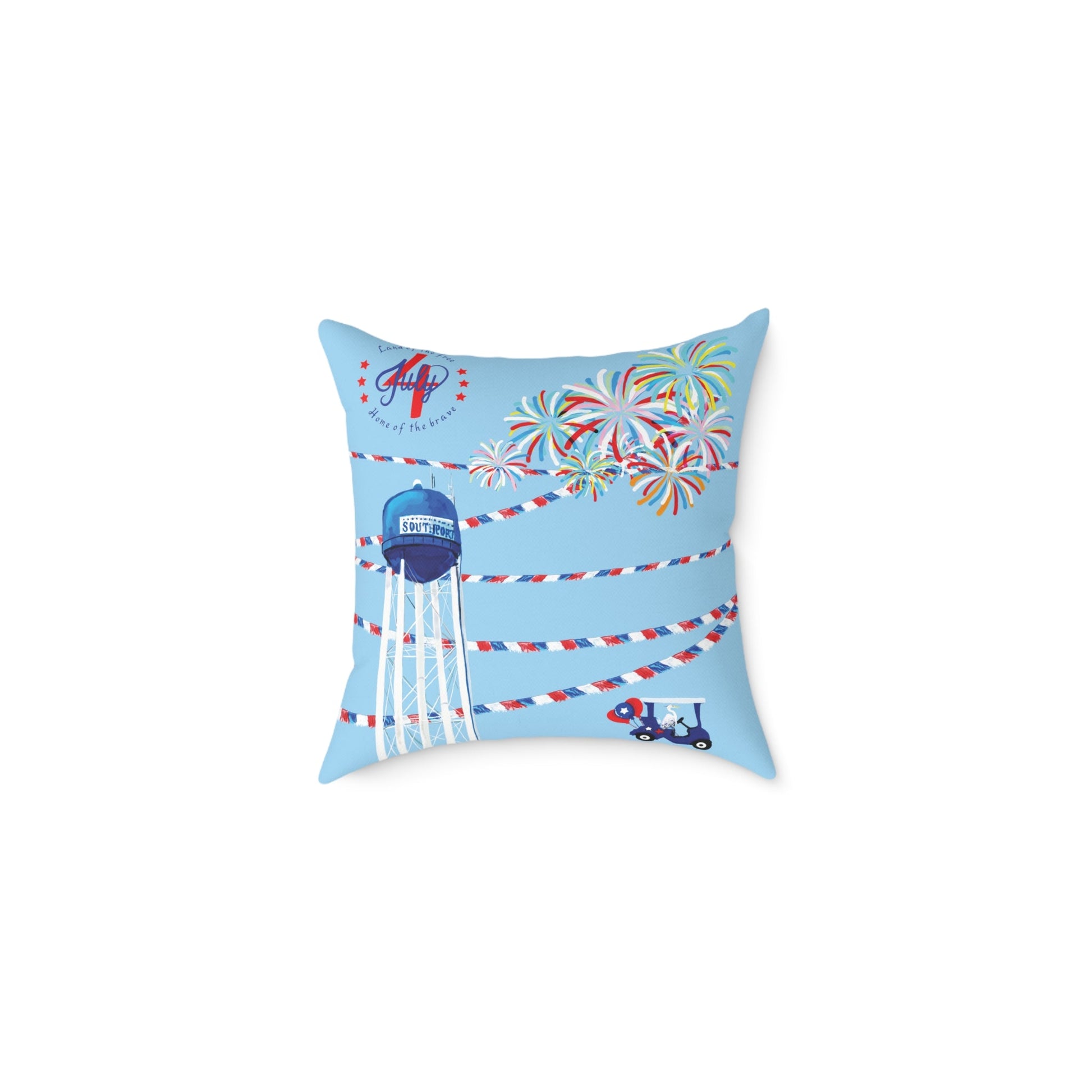 Festive Southport Celebration Poly Canvas Pillow - Water Tower & Fireworks Design - Blue Cava