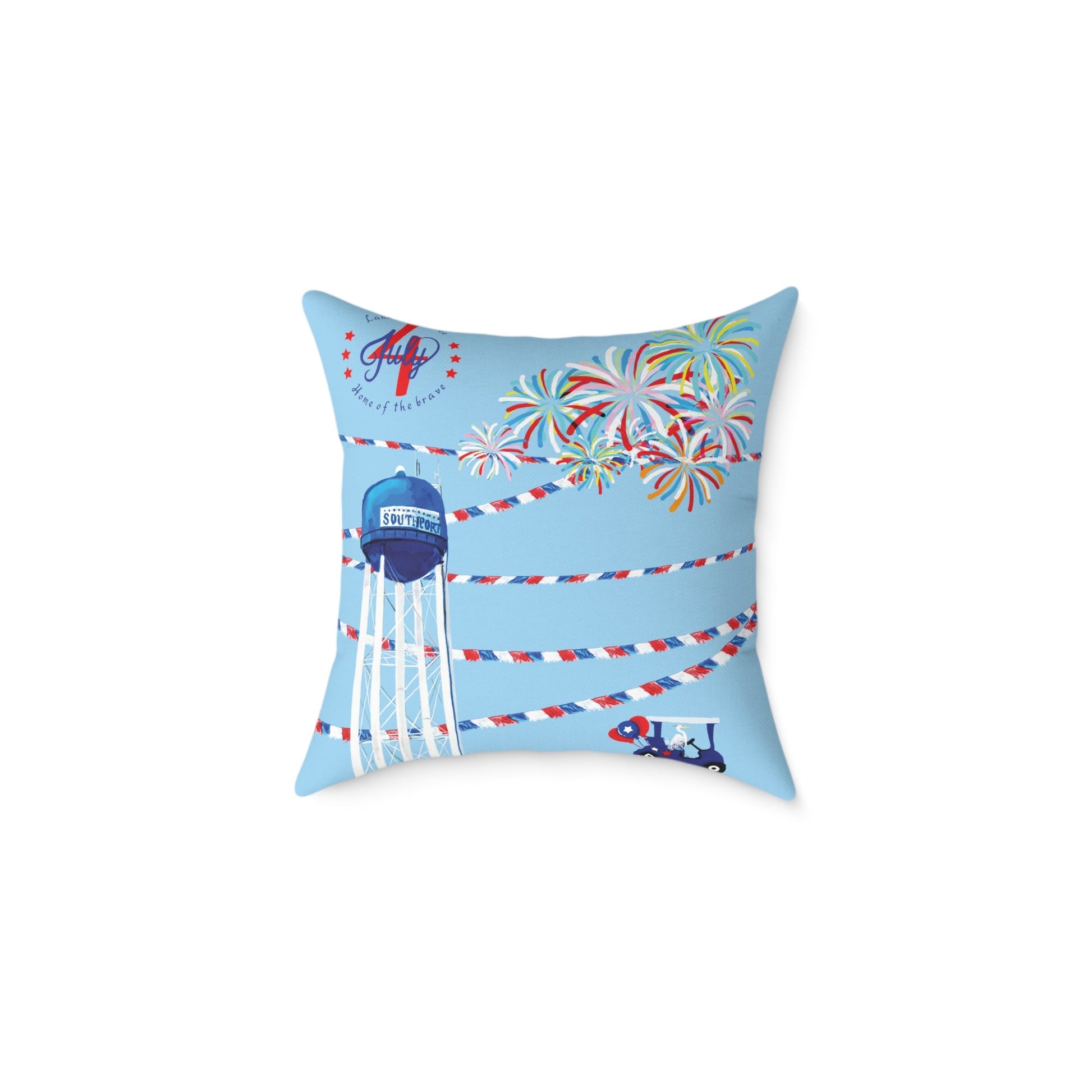 Festive Southport Celebration Poly Canvas Pillow - Water Tower & Fireworks Design - Blue Cava