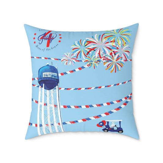 Festive Southport Celebration Poly Canvas Pillow - Water Tower & Fireworks Design - Blue Cava