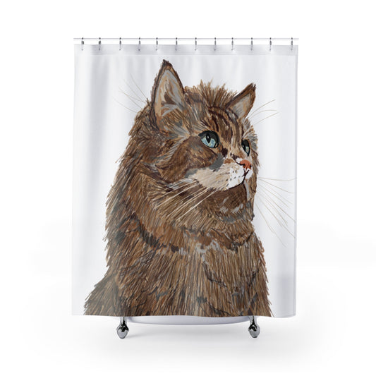 Fluffy Cat Shower Curtain - Cute Home Décor for Cat Lovers - Blue Cava