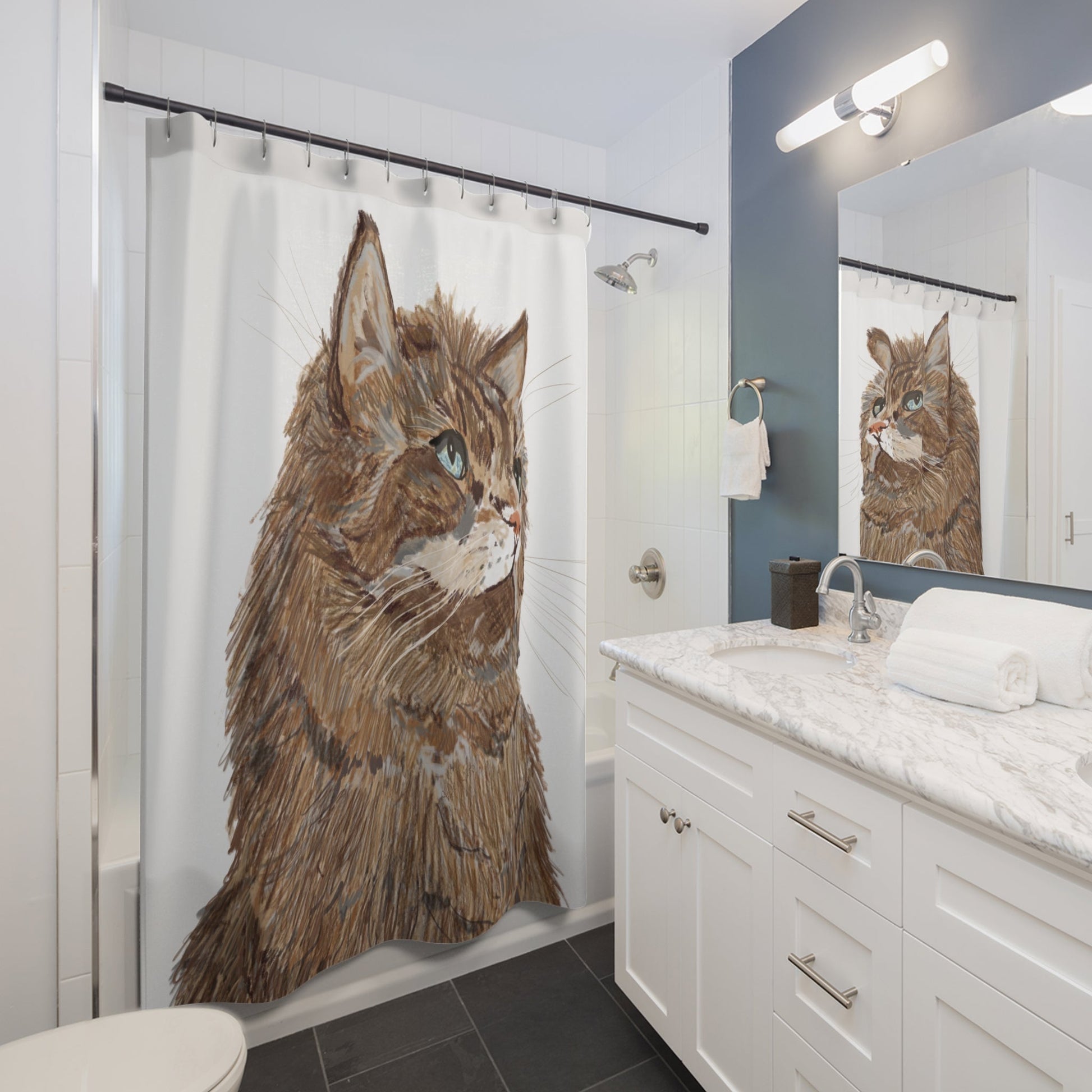 Fluffy Cat Shower Curtain - Cute Home Décor for Cat Lovers - Blue Cava