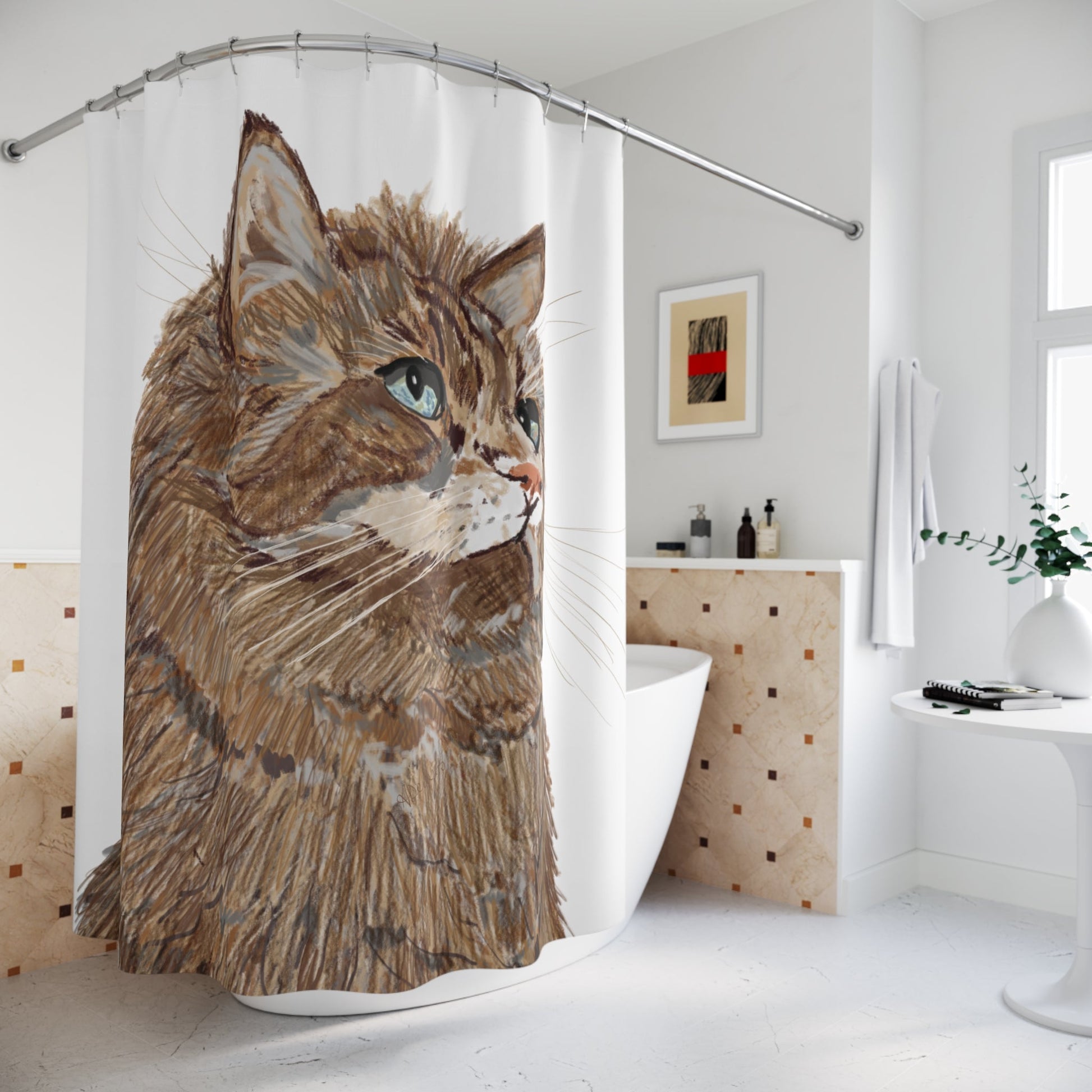 Fluffy Cat Shower Curtain - Cute Home Décor for Cat Lovers - Blue Cava
