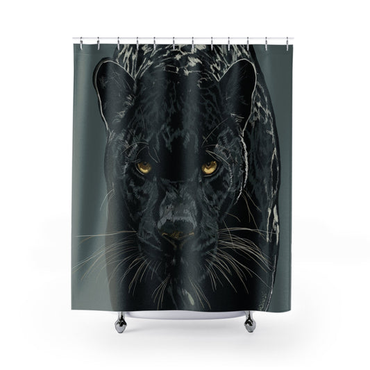 Majestic Black Panther Shower Curtain - Bold Jungle Decor - Blue Cava