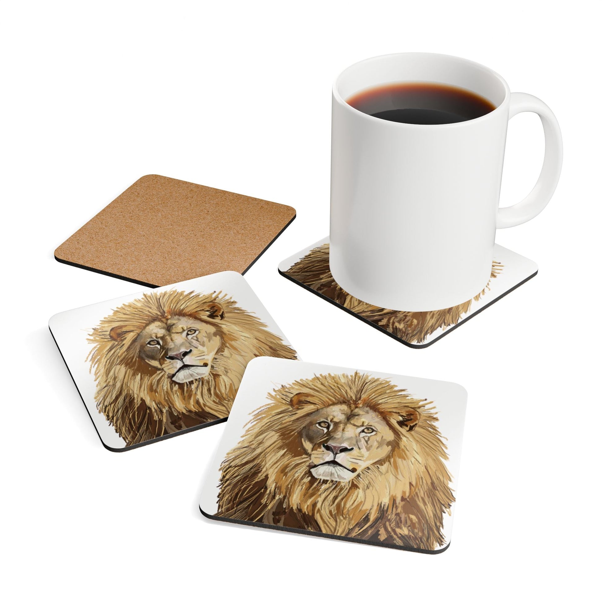 Majestic Lion Cork Coaster Set - Eco - Friendly Drink Coasters for Animal Lovers - Blue Cava