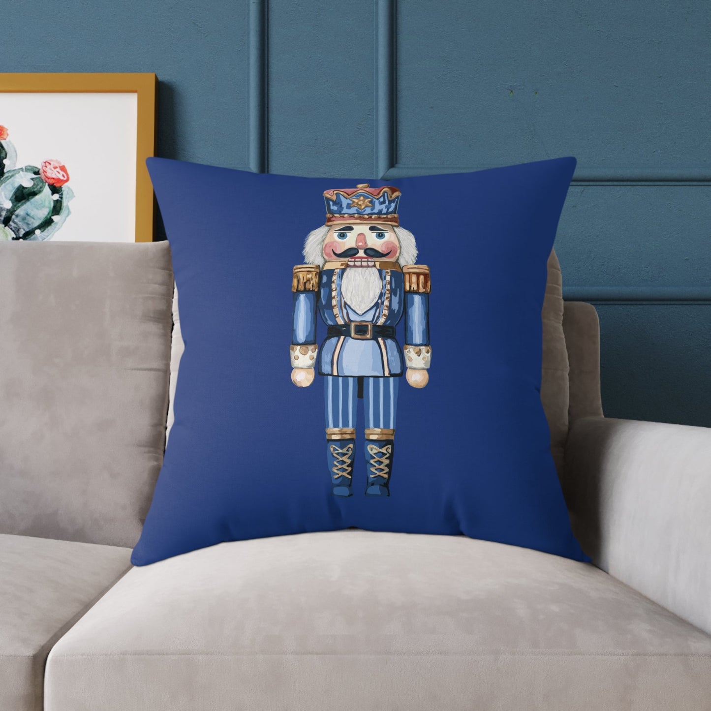 Nutcracker Square Canvas Pillow - Holiday Home Decor, Festive Christmas Decoration - Blue Cava